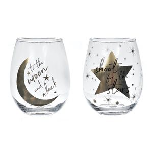 NEW IN BOX Gold Moon & Stars Pair of Wine Glasses